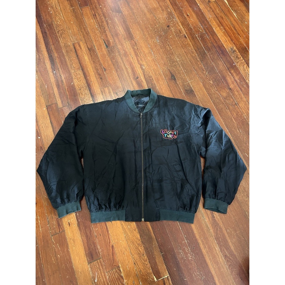 Vintage Tulliano Mens Looney Toons Silk Bomber Jacket Large Full Zip Embroidered